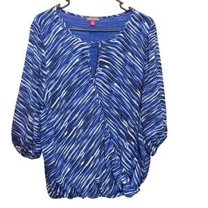 Vince Camuto Blue Blouse Top Womens Large Keyhole‎ 3/4 Sleeve Abstract Print